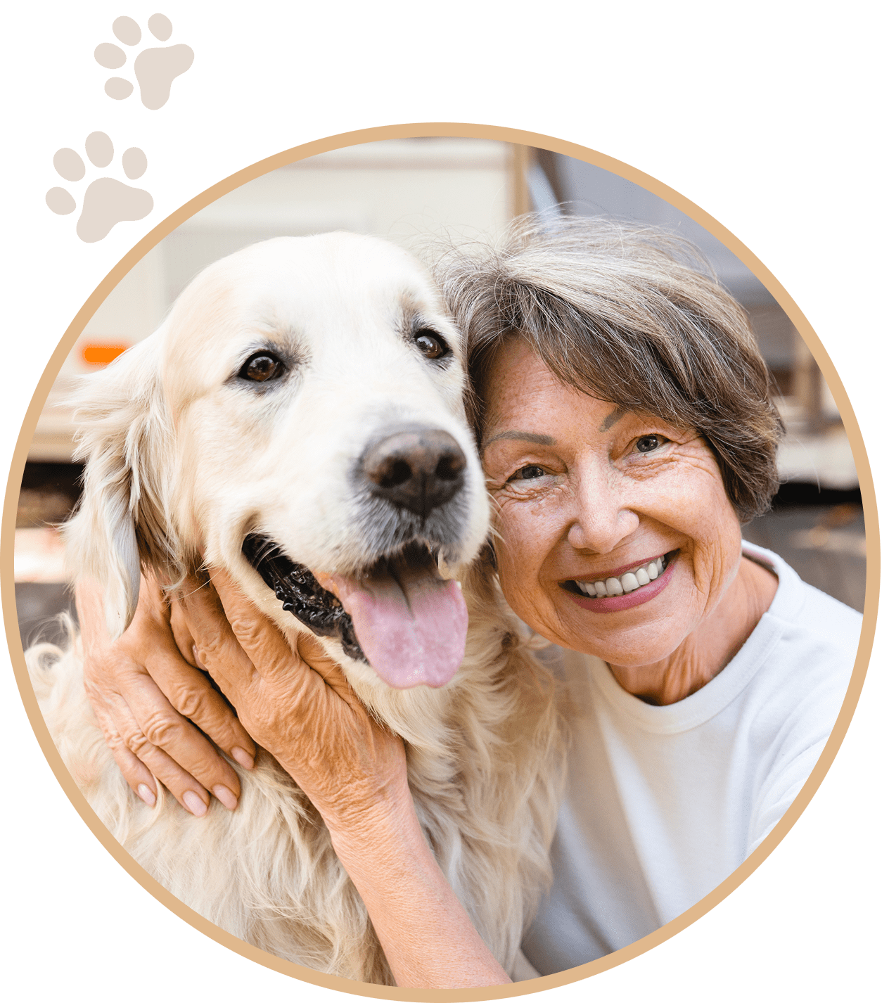 Woman smiling with dog, close-up portrait.