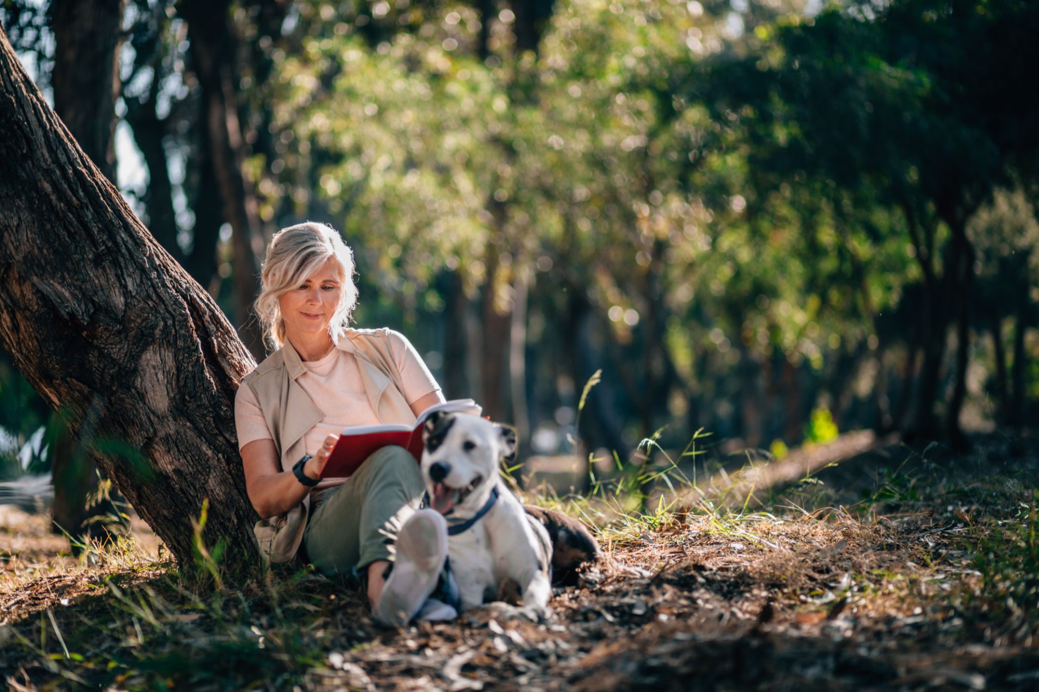 Woman reading with dog in park.